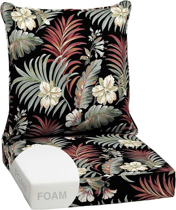 Arden Outdoor Foam Deep Seat Cushion Set, 24 in x 24 in, Weather-Proof, Rain-Proof, Fade Resistant Patio Cushion, Bottom and Back Cushion for Chair, Sofa, and Couch Simone Black Tropical