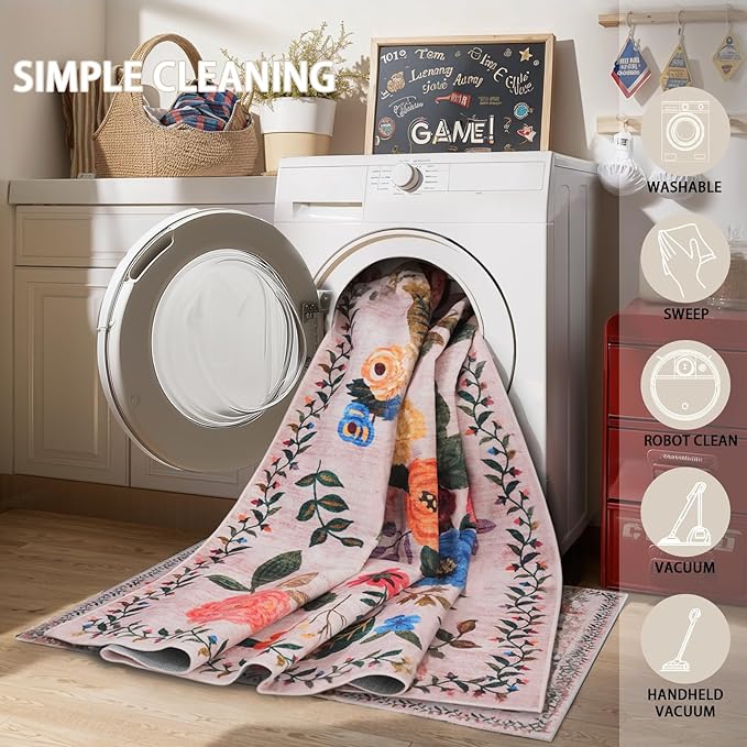 Floral Rug for Entryway, 2X3 Washable Kitchen Mat Ultra-Thin Soft, Non-Slip Indoor Door Carpet Stain Resistant Boho Small Low-Pile Throw for Bathroom Bedroom (2 x 3, Beige/Pink Lawn)