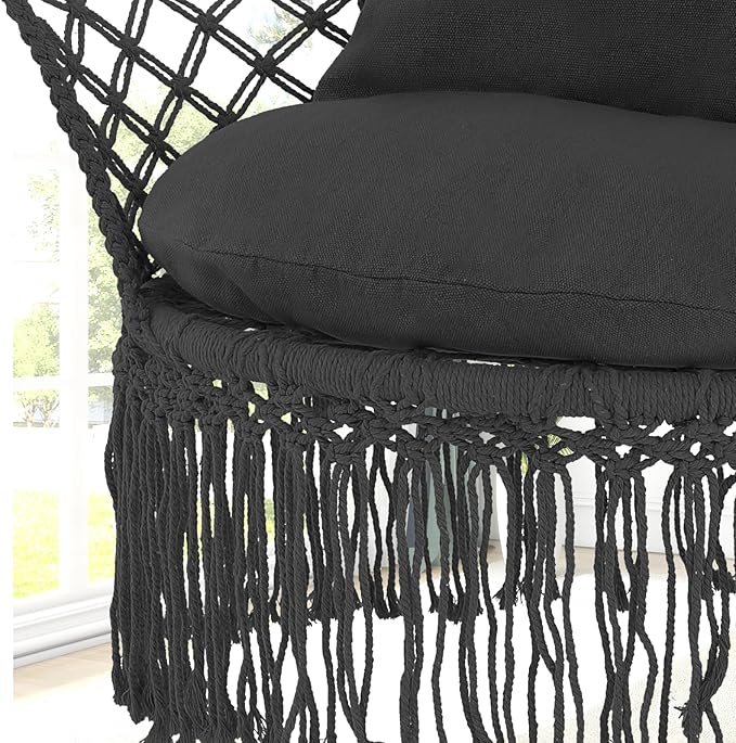 Athena Collection Hammock Swing Chair with Cushion, Outdoor Macrame Chair with Mounting Hardware, Max 350 Lbs, Large Cotton Rope Hanging Chair for Outdoor Indoor Porch Garden, Black