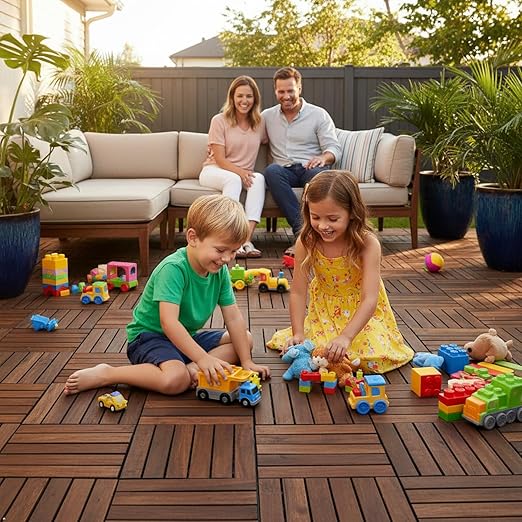 Acacia Wood Flooring Interlocking Deck Tiles for Patio Decor 9 Pcs 12 Slats VR Brown - Waterproof Indoor & Outdoor Decor - Balcony Garden Decking Tile (12.2 * 12.2 * 0.7 inches)