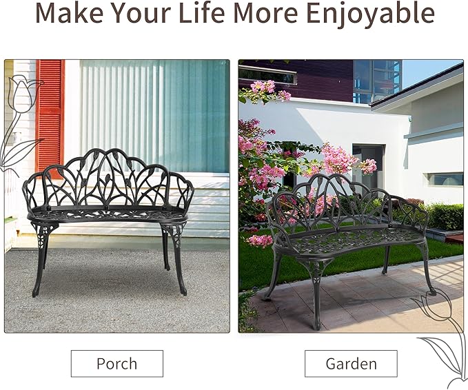 HOMEFUN Outdoor Bench, Patio Garden Benches Metal Loveseat Cast-Aluminum Outside Furniture for Park Lawn Front Porch Black