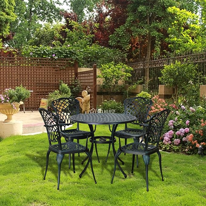 Outdoor Patio Chairs Set of 2, High Back Bistro Chairs Set of 2 with Armrests, Cast Aluminum Metal Patio Dining Chairs for Garden Deck Backyard, Vintage Green