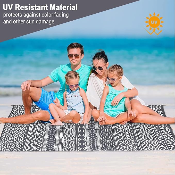 GarveeLife Outdoor Plastic Straw Rug 9x12 Waterproof UV Resistant Patio Rug Lightweight Floor Mat for Camping, Picnic, Backyard, RV, Beach, Picnic, Grey & White