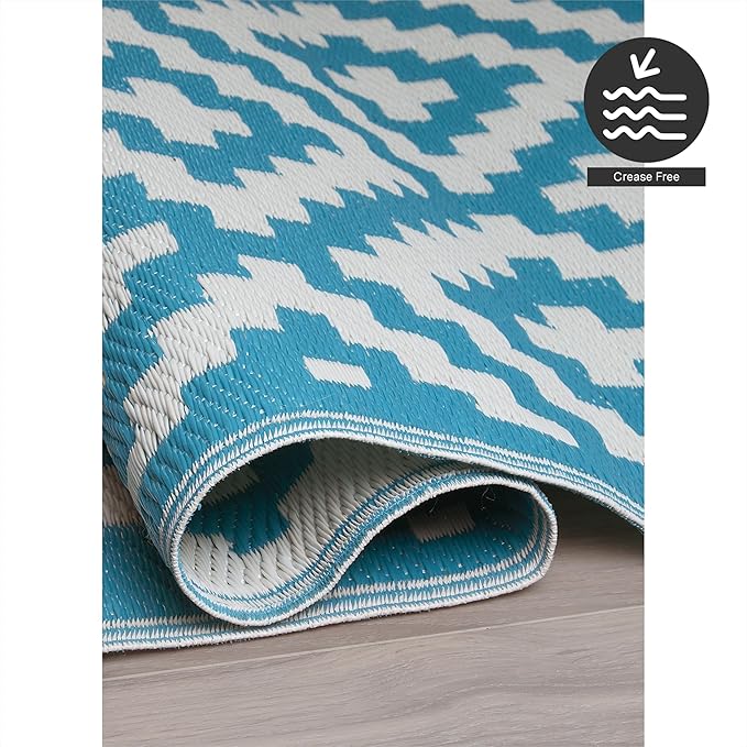FH Home Outdoor Rug - Waterproof, Fade Resistant, Reversible - Premium Recycled Plastic - Geometric - Porch, Deck, Balcony, Mudroom, Laundry Room, Patio - Aztec - Teal & White Crease Free - 3 x 5 ft