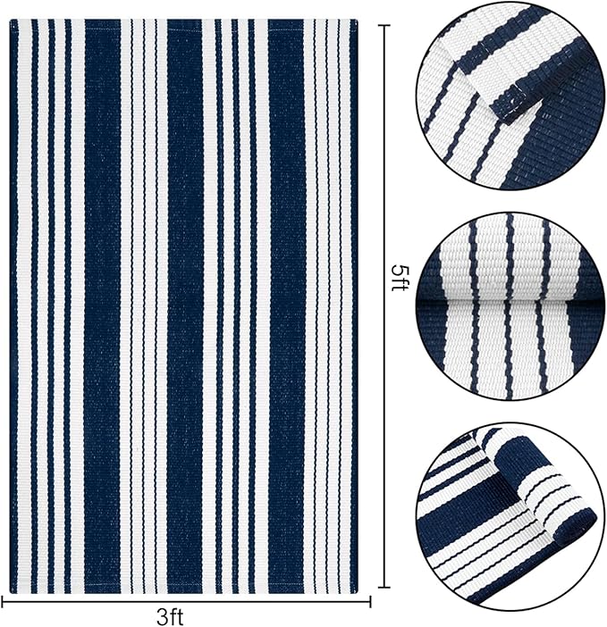 OJIA Blue and White Outdoor Rug 3'x5' Cotton Woven Striped Front Porch Rug Machine Washable Indoor Outdoor Rugs Farmhouse Entry Rug Layered Door Mat for Entryway/Kitchen/Front Door Entrance Decor