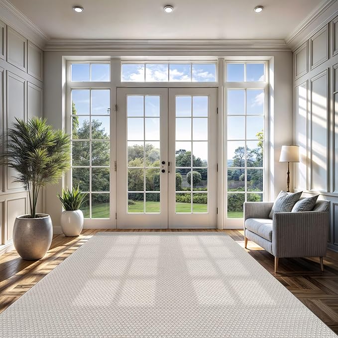 CAMILSON Easy Jute Rug 9x12, Indoor Outdoor Off-White Farmhouse Area Rugs for Living Room Patio and Kitchen Rug, Solid Woven Design, Easy-Cleaning, Washable Outside Carpet Alfombras (9 x 12)