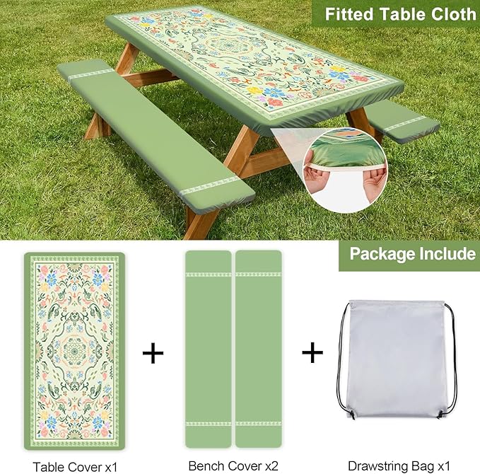 Play Tailor Picnic Table Cover with Bench Covers Camping Essentials Waterproof Windproof Camping Tablecloth with Drawstring Bag, Fitted Rectangle Tables and Seats, 72in, Green with Colorful Flowers