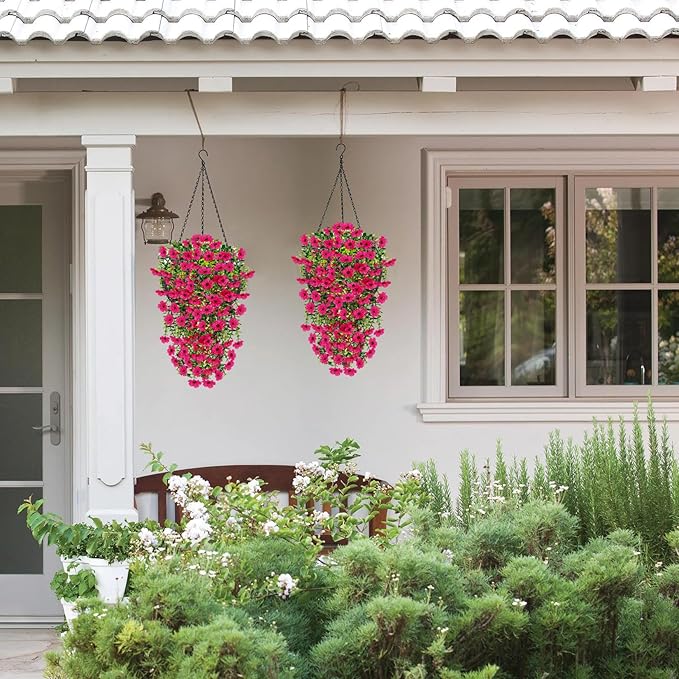 4 Pcs Fake Outdoor Artificial Flowers For Outdoors Uv Resistant, Plastic Flowers For Outdoors, Fake Hanging Plants Faux Flowers For Outdoor Planters, Silk Spring Flowers For Outside Porch（Rose Red）