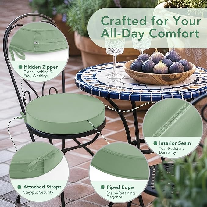 Outdoor Bistro Chair Cushions Set of 4, 15" D x 3" H Round Chair Cushions Waterproof and Fade Resistant Chair Cushion Pads with Non-Slip Ties and Removable Covers for Garden, Sage Green