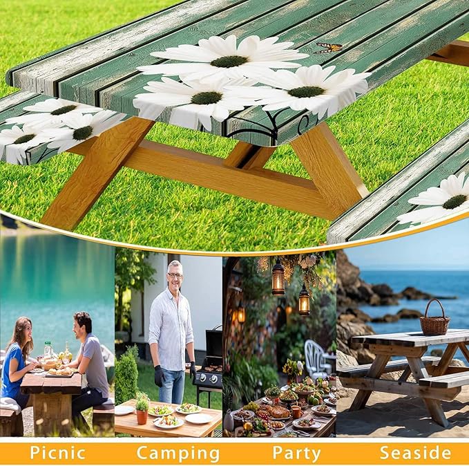 Picnic Table Cover with Bench Covers Daisy Flowers Wooden Floral Waterproof Windproof Fitted Outdoor Tablecloth with Elastic Rectangle Table Cloth Camping Accessories,60x30 Inch
