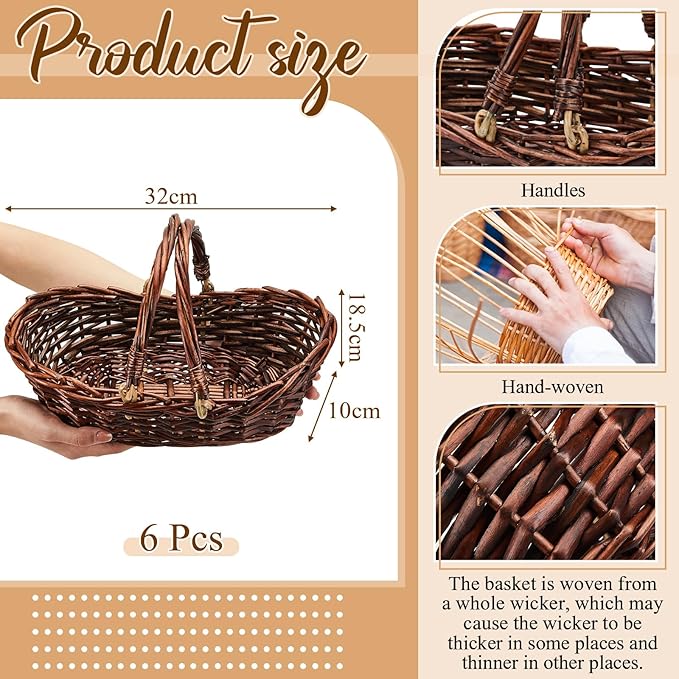 Sintuff 6 Pcs Wicker Picnic Basket with Handle Garden Harvest Empty Easter Eggs and Candy Basket Oval Willow Woven Storage for Organizing, Fruit Egg Storage Gathering Wedding Gifts(Dark Brown)
