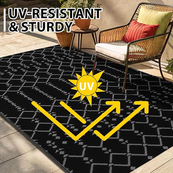 Smiry Outdoor Rug 8x10 ft, Waterproof Reversible Plastic Straw Rugs, Boho Outdoor Area Rug, Outside Floor Mat for Patio, Backyard, Deck, Picnic, Beach, Camping, Dark Grey