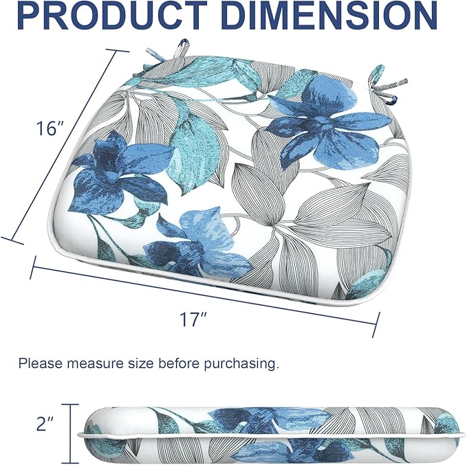 Outdoor Chair Cushions Set of 2, Water Resistant Patio Chair Pads with Ties, Seat Cushions for Home Garden Furniture Decoration, 16"x17", Clemens Noir Blue