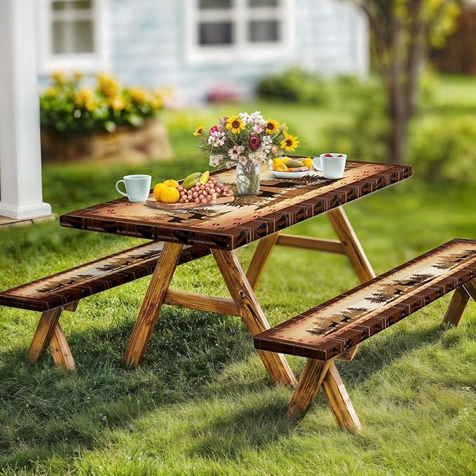 30X96 Inch Brown Deer Picnic Table Cover with Bench Cover and Drawstring Bag, Waterproof Washable Fitted Outdoor Tablecloth Rectangular Elastic Edged for Camping Outdoor Travel, 3 Pieces Set