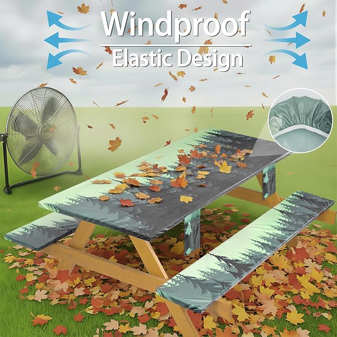 Fitted Waterproof Picnic Table Cover with Bench Covers Elastic Edges Camping Tablecloth for 8 Foot Rectangle Tables Camp Cooking Motorhome Hiking Equipment Car Rv Travel Trailer Needs Gifts