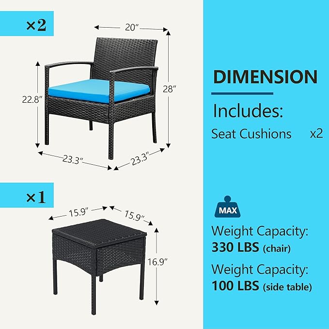 PROHIKER Patio Porch Furniture Set, 3 PCS Outdoor Patio Furniture with Rattan Chairs, Table, Blue Cushions for Garden Porch Balcony Yard