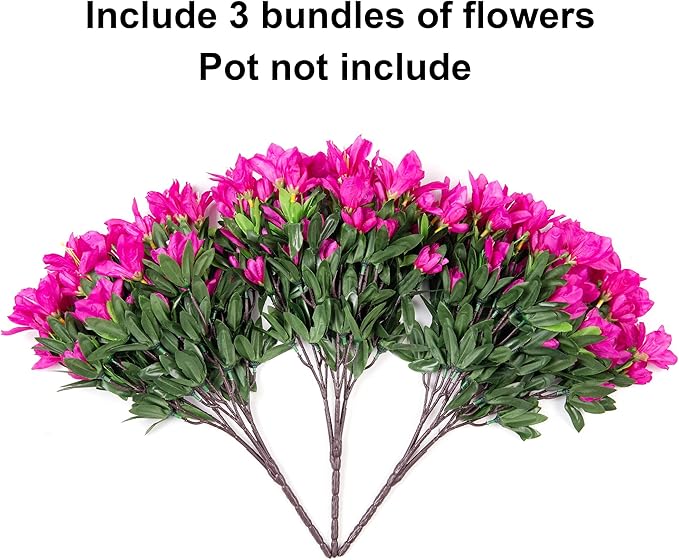INSPRING Artificial Fake Flowers for Outdoors Spring Outside Decoration, 3 Bundles Silk Azalea Faux Plants UV Resistant Realistic Outdoor Flowers for Planter Porch Patio Garden Walkways Home, Fuchsia