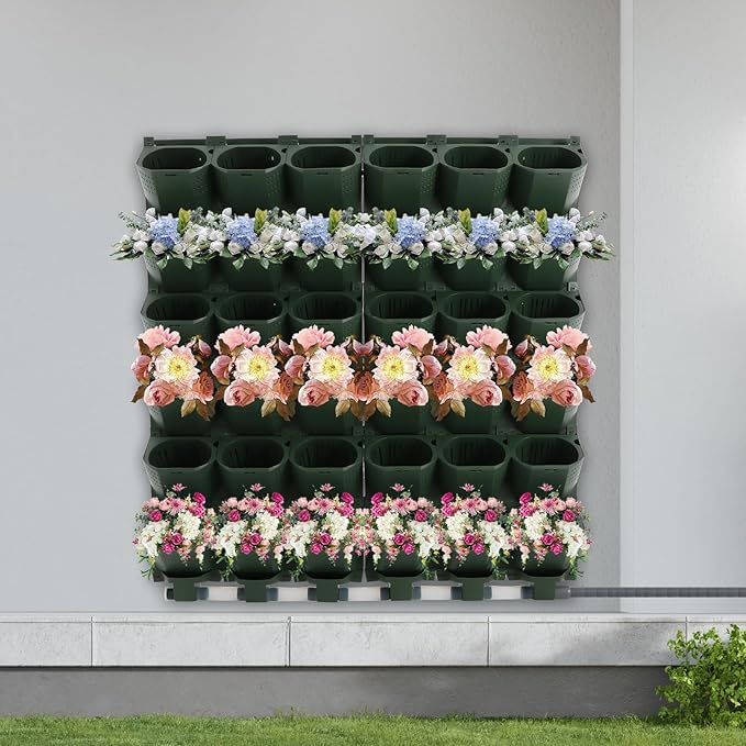 36 Pots Vertical Wall Planter Set Self Watering Living Wall Stackable Wall-Mounted Vertical Garden Planter with Timer & Rain Sensor for Indoor Outdoor Greenstalk Hydroponics Herb Plant
