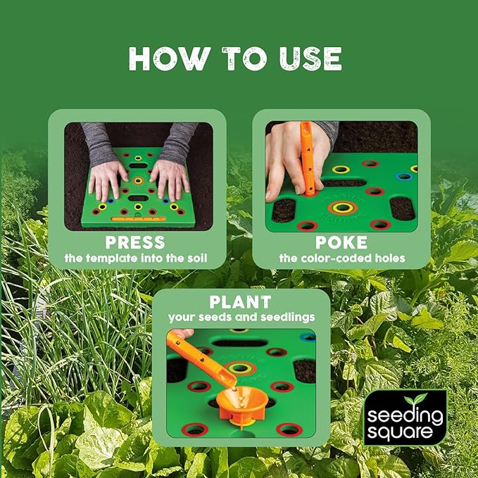 Seeding Square - Patented Seed and Seedling Spacer Tool for Bigger Harvests, Organized Plants & Fewer Weeds – Color-Coded Gardening Template with Dibber, Seed Spoon, Ruler & Planting Guide