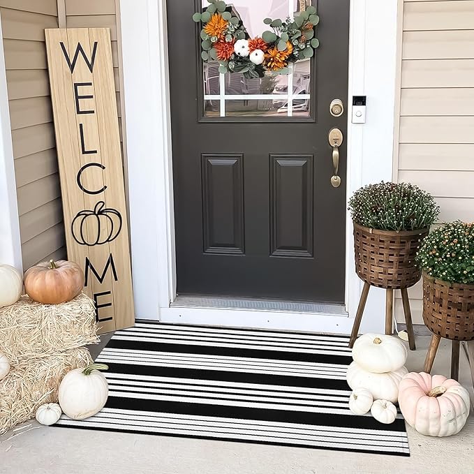 OJIA Front Door Mats Outdoor 27.5x43 Inches, Black and White Outdoor Rugs Cotton Woven Front Door Rug Machine Washable Layered Doormats for Porch/Farmhouse/Kitchen/Entryway/Patio Decor