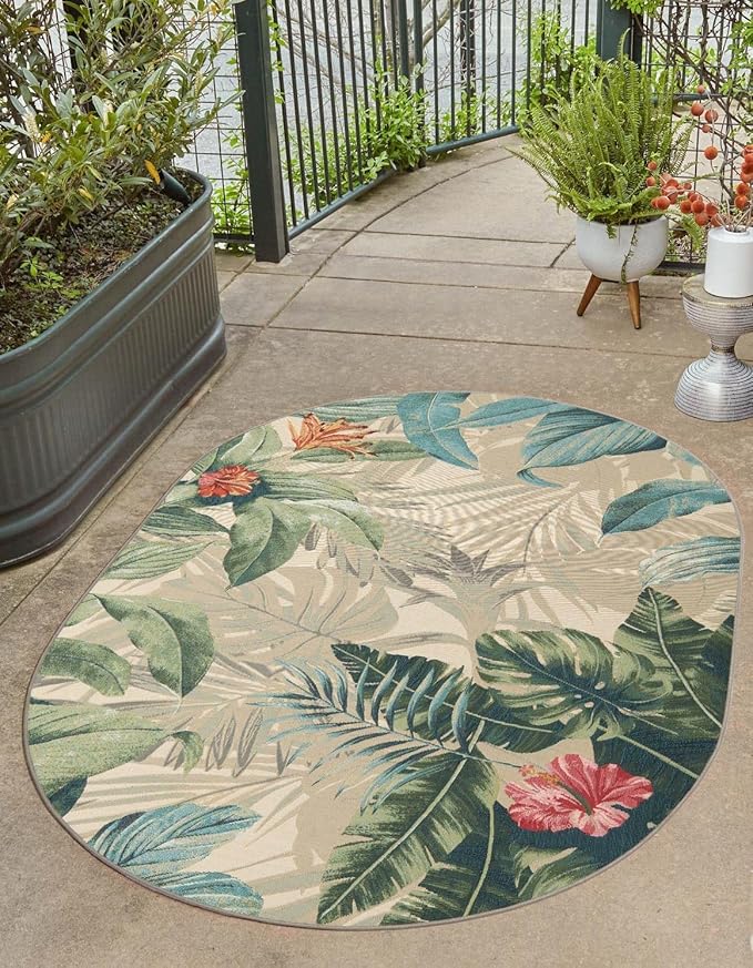Unique Loom Outdoor Botanical Collection Area Rug - Kula (2' 2" x 3' 1" Oval Multi/Gray)