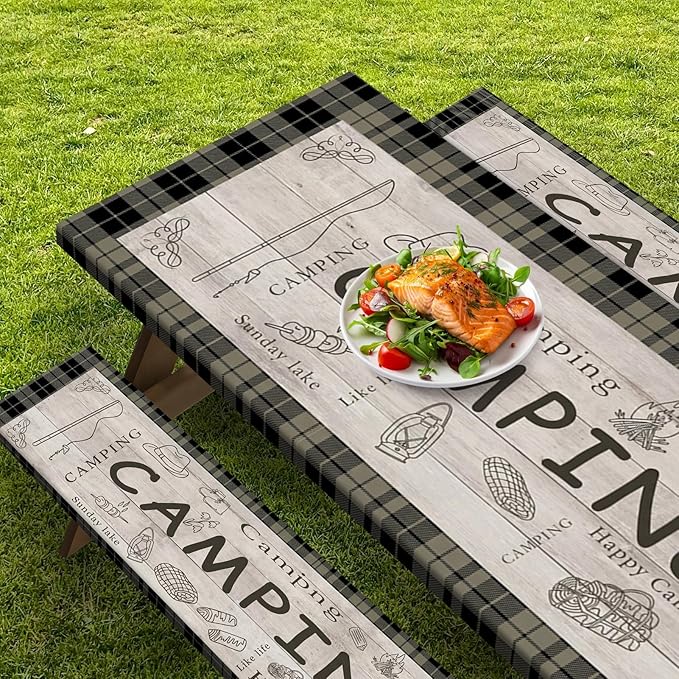 Picnic Table Cover with Bench Covers Elastic Edges, Brown Camper Fitted Table Cover, Outdoor Patio Camping Essentials 72 Inch 3PCS, Waterproof Camping Fitted Tablecloth with Drawstring Bag