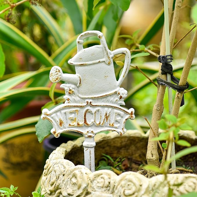 Sungmor Vintage Cast Iron Decorative Garden Stake, Rustic White Welcome Yard Art Sign with Stake, 12.6" Tall Metal Watering Can Stake with Welcome Sign, Lawn Patio Backyard Outdoor Spring Decor
