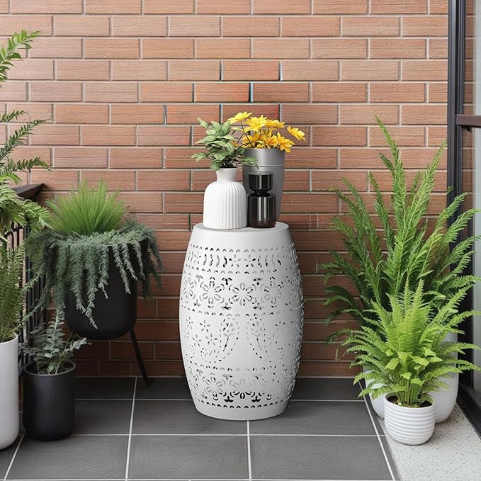Outdoor Accent Iron Side Table,9.4" Steel Patio End Table, Round Hollow Drum Patio Garden Stool,Round,Iron Decorative Garden Stool,for Indoor and Outdoor,White