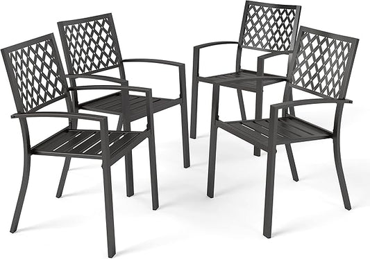PHI VILLA Metal Outdoor Dining Chairs Set of 4 - Stackable Black Patio Chairs, 300lb Capacity (Diamond)