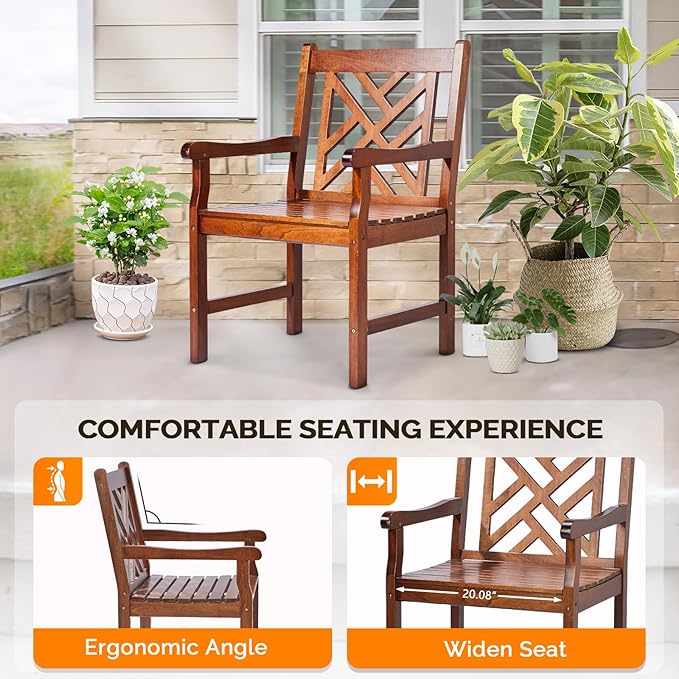 VINGLI Outdoor Dining Chairs Set of 4, Heavy Duty 330 LBS Wooden Patio Chairs with Comfortable Backrest, Solid Wood Patio Dining Chairs Garden Chairs for Yard, Front Porch and Deck (Teak, 4 PCS)