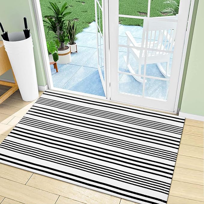 OJIA Front Door Rugs 27.5x43 Inches, Black and White Striped Outdoor Rugs Porch Rug Machine Washable Cotton Woven Entryway Rug Front Door Mats for Porch/Farmhouse/Kitchen/Home Outside Entrance Decor