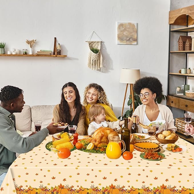 3 Pieces Fall Pumpkin Tablecloth – 54x108 Inch Disposable Thanksgiving Plastic Table Cover with Autumn Leaves and Harvest Design for Fall Party, Friendsgiving, and Seasonal Dinner Decorations
