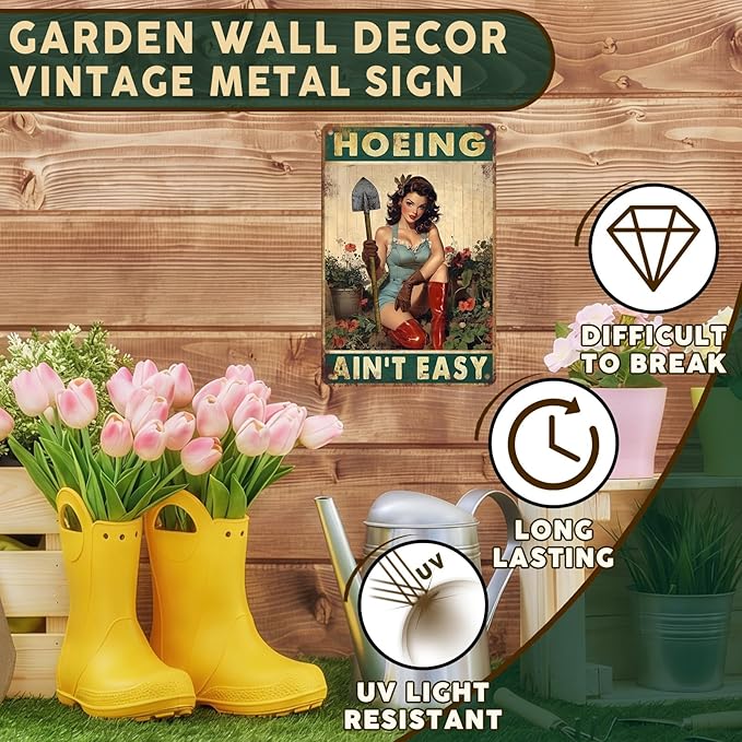 PEACHGARDEN Funny Garden Metal Sign - "Hoeing Ain't Easy" Vintage Pin-Up Wall Decor - Aluminum Yard Art for Patio, Backyard & Greenhouse - 8x12 Inch