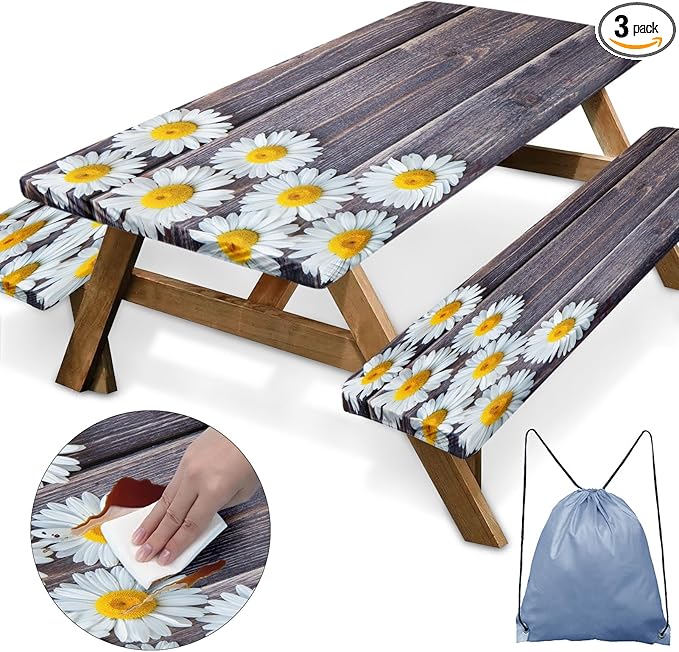 Picnic Table Cover with Bench Covers Elastic Edges, Chamomile Flower Fitted Table Cover, Outdoor Patio Camping Essentials 60 Inch 3PCS, Waterproof Camping Fitted Tablecloth with Drawstring Bag
