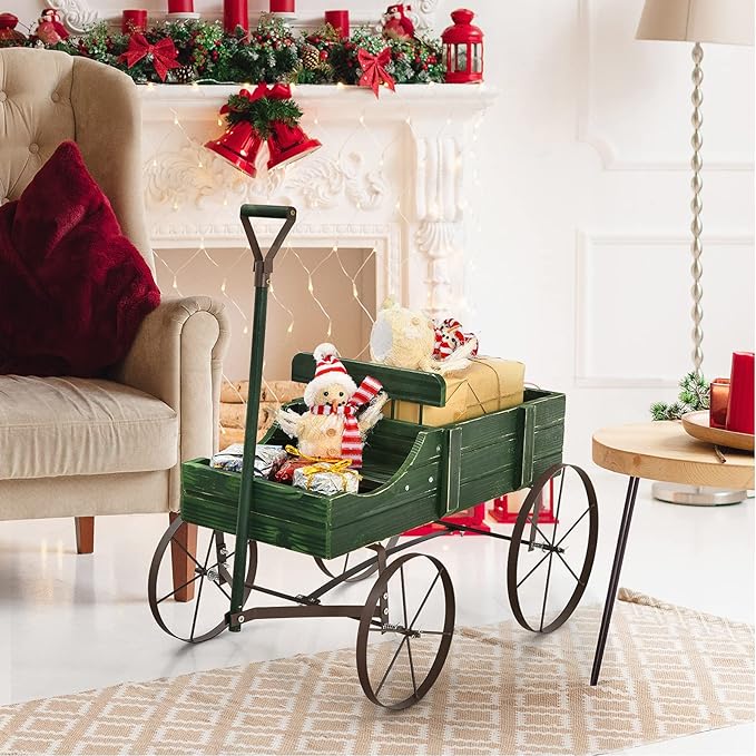Wooden Wagon Planter, Decorative Garden Wheelbarrow Planter with 2 Planting Sections, Rolling Wheels, Adjustable Handle, Small Wagon Cart Planter Stand for Flowers Vegetables Herbs (Green)