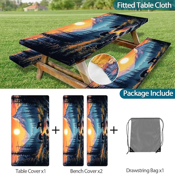 3PCS Picnic Table Cover with Bench Cover Bear Forest Sunset Pattern Camping Tablecloth Fitted Picnic Table Cover with Elastic Windproof Waterproof, Outdoor & Garden Camping Accessories 60IN