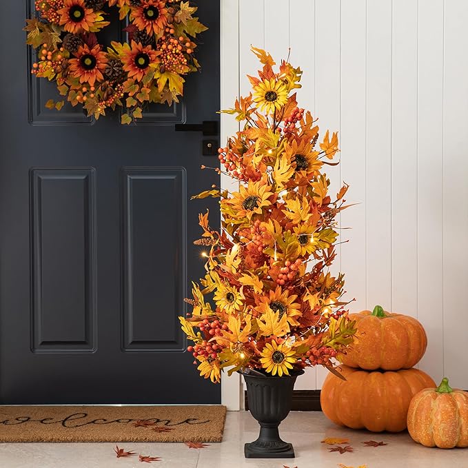 Glitzhome 2 Pcs 4FT Lighted Maple Tree with Timer, Artificial Fall Autumn Maple Leaf & Sunflower Urn Porch Tree with 20 Warm White LEDs for Autumn Fall Harvest Thanksgiving Christmas Decoration