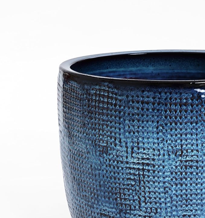 LuxenHome 15.75" Dia Large Ceramic Pots for Plants, Teal Blue Glazed Planters for Outdoor Plants, Round Indoor Flower Pots with Drainage Hole and Rubber Plug for Home Garden Patio