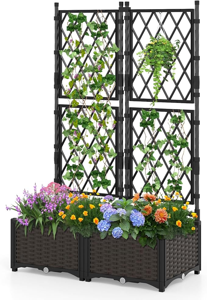 HAPPYGRILL Raised Garden Bed with Trellis, Double Self-Watering Planter Boxes w/Drain Holes for Climbing Vines Flowers Vegetables, Indoor Outdoor Tall Plant Support Privacy Fence for Backyard Balcony