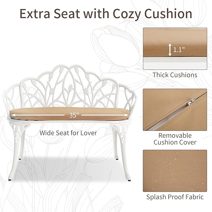 HOMEFUN Outdoor Bench with Cushion- Patio Garden Benches Metal Loveseat Cast-Aluminum Outside Furniture for Park Lawn Front Porch White