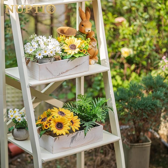 NUPTIO Wooden Box Centerpiece for Table: 2 Pcs 11.8" Long Wood Rectangle Planter Boxes - Farmhouse Washed White Planters for Fall Wedding Dining Living Room Window Mantel Table Decor