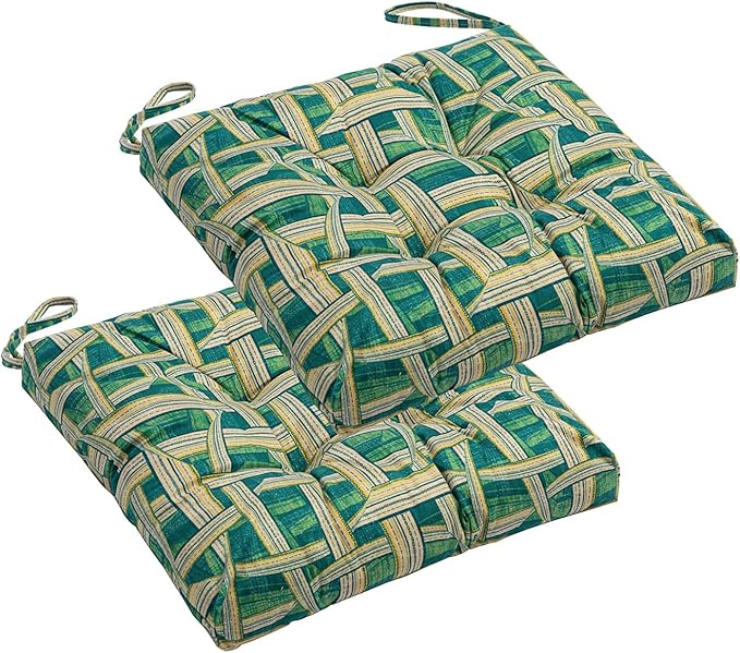 2-Pack Outdoor/Indoor Wicker Patio Seat Cushion Pad with Ties - Dining Chair Cushion, 17" x 17" (Green Plaid)