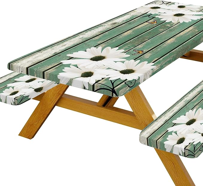 Picnic Table Cover with Bench Covers Daisy Flowers Wooden Floral Waterproof Windproof Fitted Outdoor Tablecloth with Elastic Rectangle Table Cloth Camping Accessories,60x30 Inch