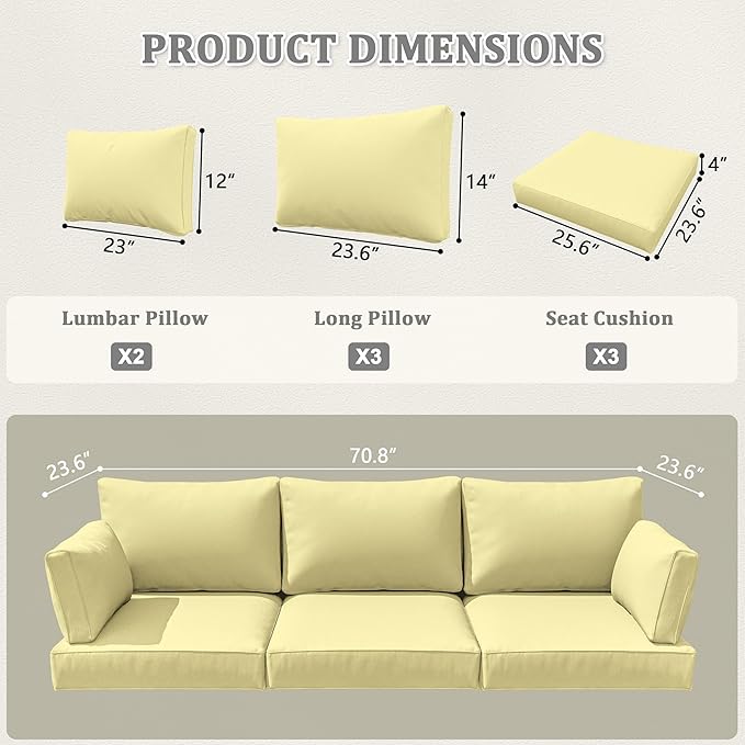 8-Piece Outdoor Cushions for Patio Furniture Thick Outdoor Chair Cushions Resilient Foam Waterproof Deep Seat Cushion Replacement for 3-Seat Sectional Sets Liner&Cover Light Yellow