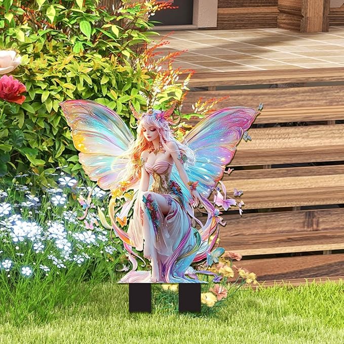 JOYO 11.8''Bohemian Fairy Flower Pot Decoration,2D Acrylic Ground Plug,Fairy Garden Planter Accessories,Fairy Pumpkin Angel Garden Stake for Pot Plants and Garden Yard Lawn Décor (R)