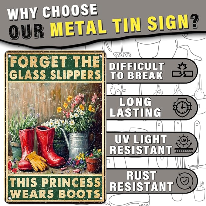 PEACHGARDEN Funny Garden Signs Metal Tin Sign Forget The Glass Slippers This Princess Wears Boots Poster Garden Wall Decor for Outdoor Yard Patio Greenhouse 8x12inch