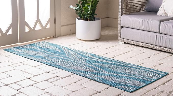 Unique Loom Outdoor Botanical Collection Area Rug - Leaf (2' x 6' 1" Runner, Teal/ Ivory)