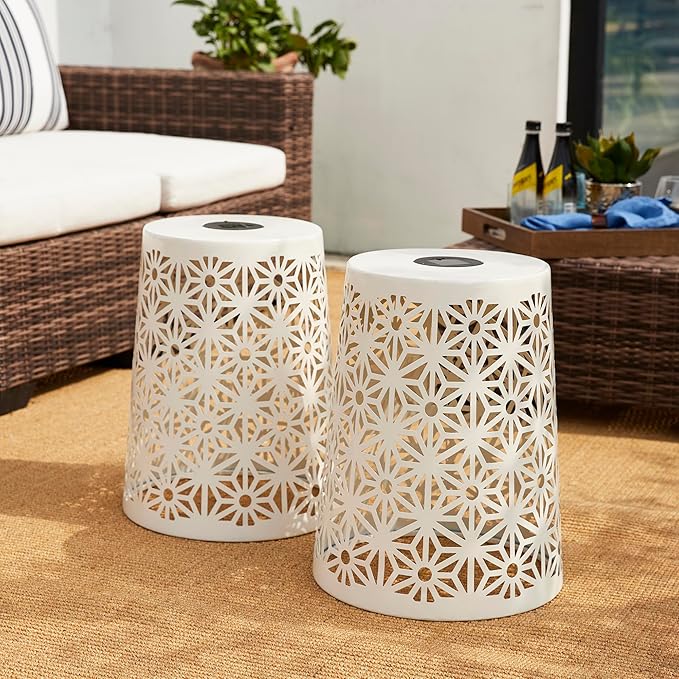 Glitzhome Ourdoor Side Table Set of 2,Solar Iron Cutout Geometric Pattern Decorative Garden Stool Planter Stand,Accent Table or Lantern for Patio Poolside Party Yard,White