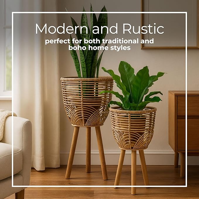 Set of 2 Rattan Planters with Wooden Stands – Boho Home Decor Woven Plant Pots with Natural Rustic Style – Indoor & Outdoor Floor Planters for Living Room, Bedroom, or Garden – 18" & 22", Brown
