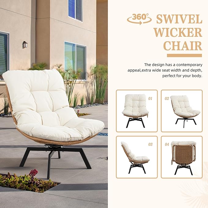 Vongrasig Swivel Wicker Chair PE Rattan Chair with Cushion, Oversized Patio Lounge Chair for Outdoor, Indoor, Balcony, Backyard, Garden, Living Room, Beige